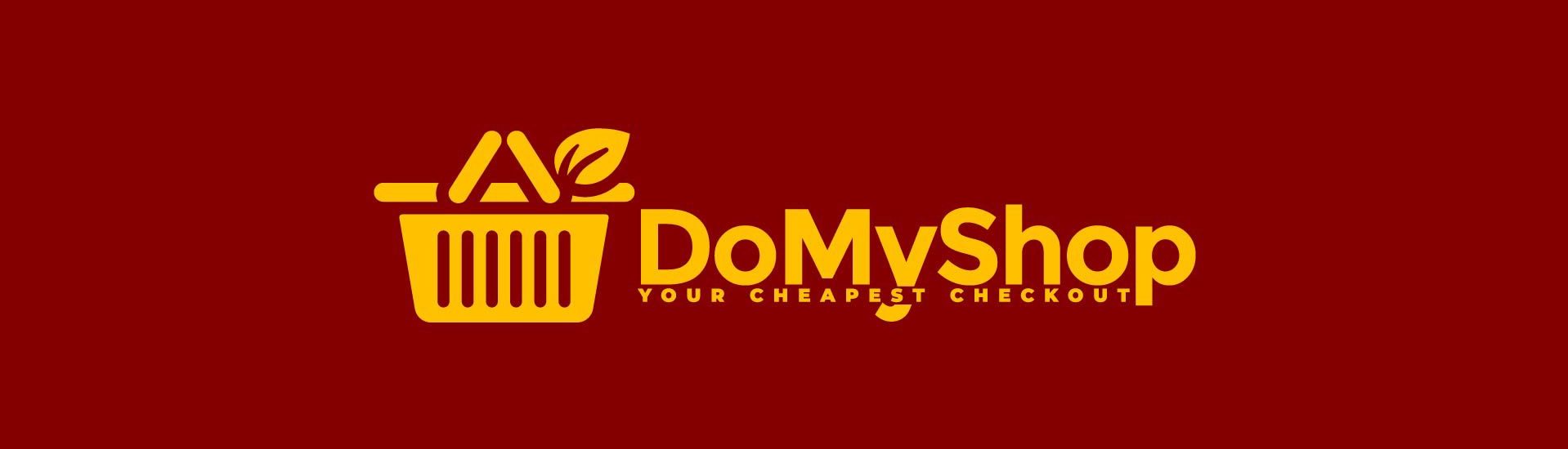 The logo for DOMyShop. A red (#830000) back ground with a Yellow (#f3ae10) shopping basket logo, the company name DoMyShop and their strapline Your Cheapest Checkout.